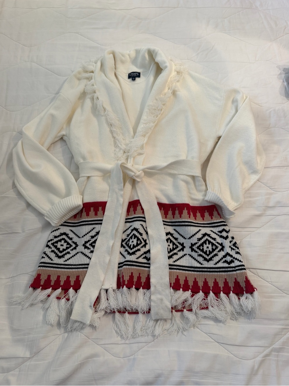 Chaps Cream Wrap Cardigan with Red & Black Geometric Fringe Hem